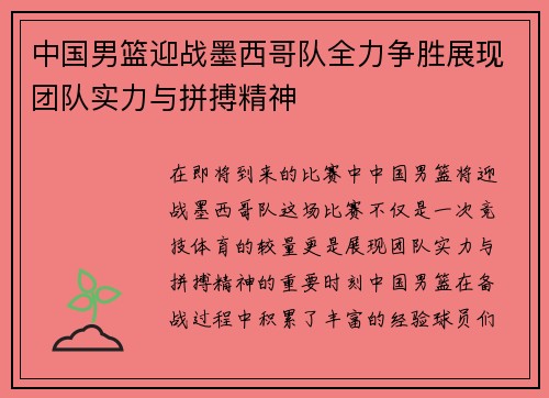 中国男篮迎战墨西哥队全力争胜展现团队实力与拼搏精神