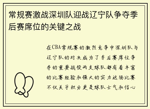 常规赛激战深圳队迎战辽宁队争夺季后赛席位的关键之战